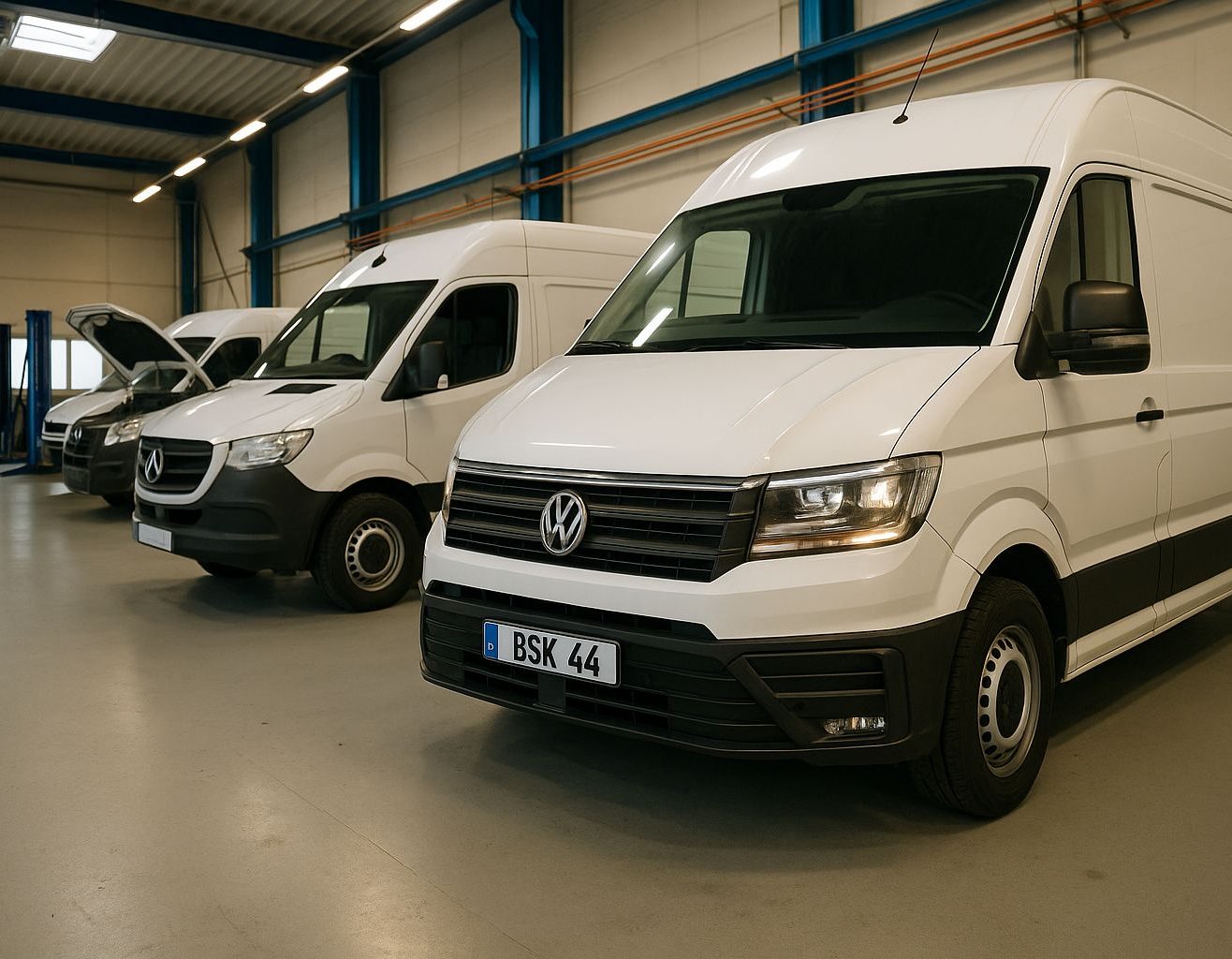 Transporter-Fuhrpark in der Prüfhalle