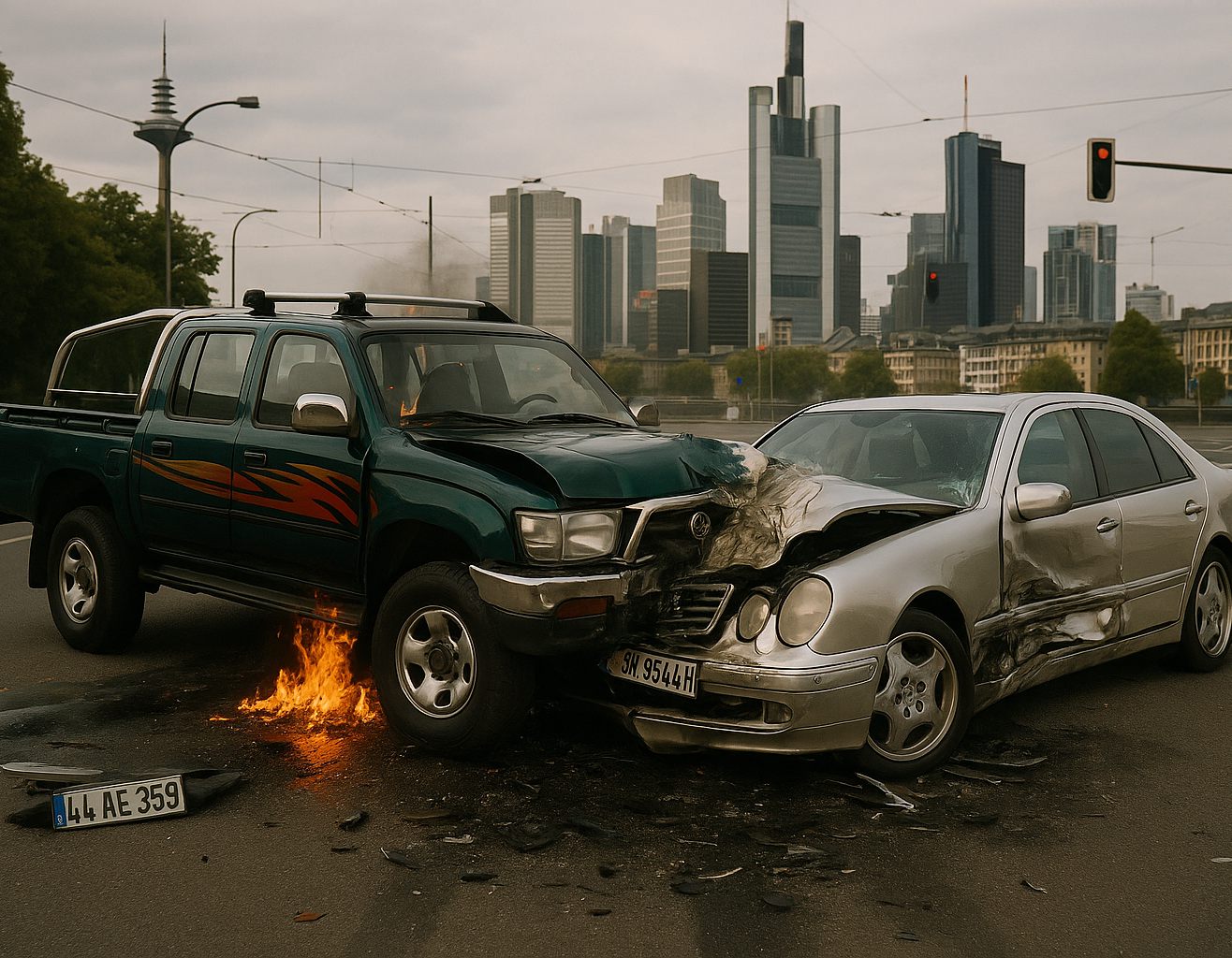 Unfallszene mit zwei beschädigten Fahrzeugen